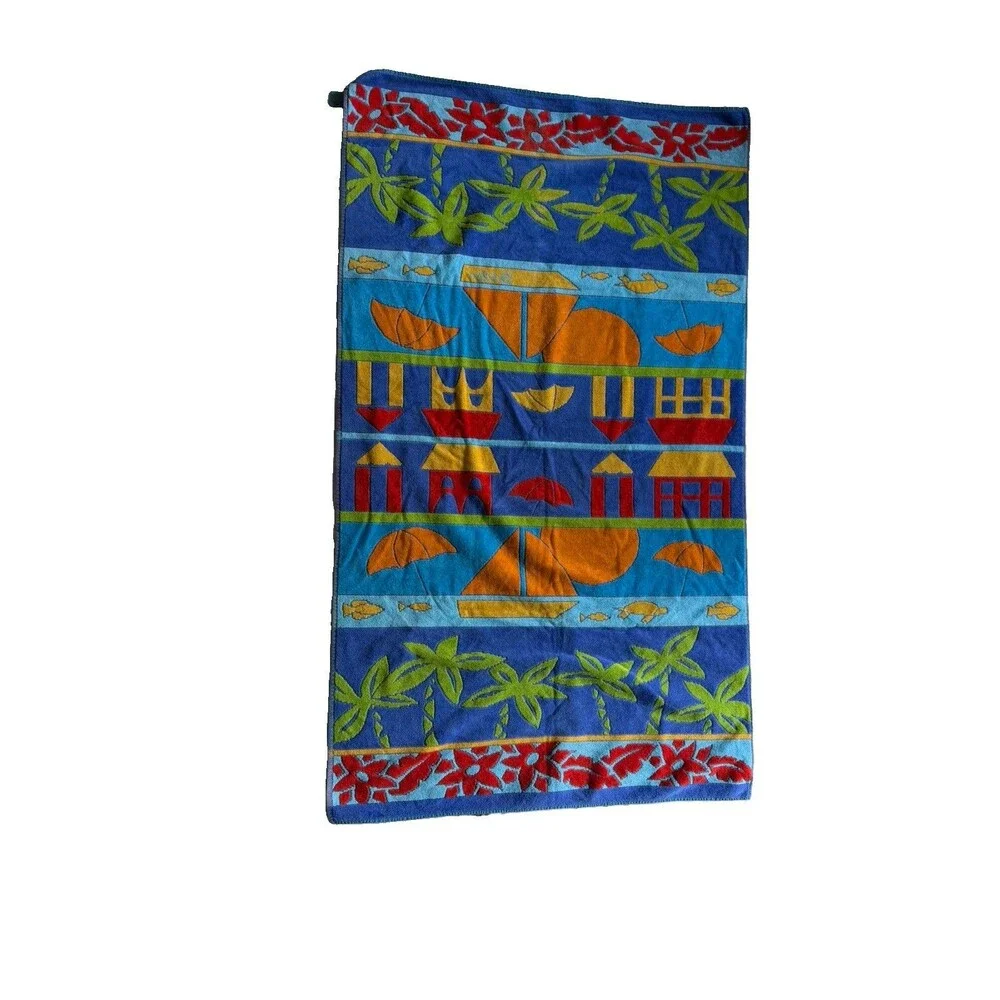 VTG Set of 2 90's Terrisol Sailboats & Palm Trees Oversized Beach Towel 37x66